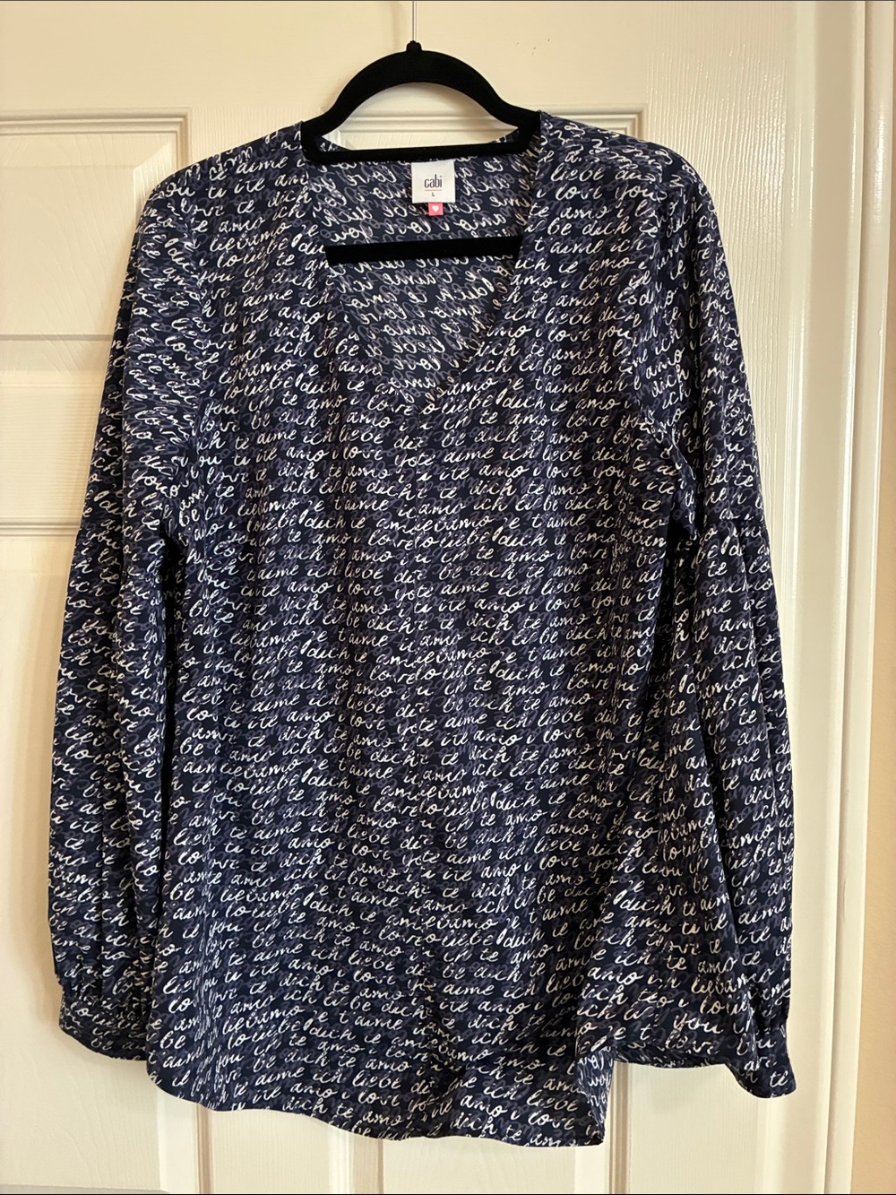 CAbi 5336 Te Amo Navy Script-Print Blouse